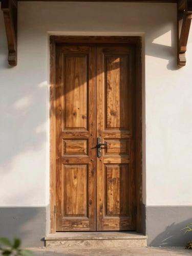 Warm editorial photography of a wooden church entrance door with soft morning sunlight casting gentle shadows, welcoming atmosphere