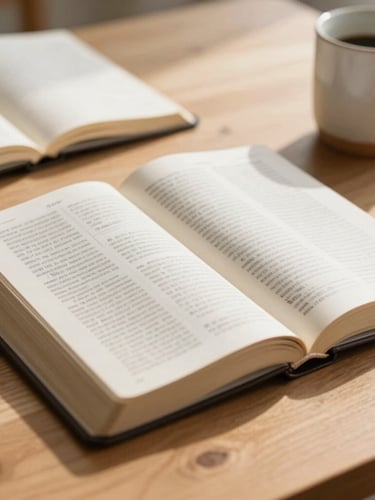 Close-up portrait of an open Bible on a light oak wooden table, soft morning daylight casting gentle shadows, a notebook and a ceramic mug nearby, shallow depth of field, warm and inviting atmosphere.