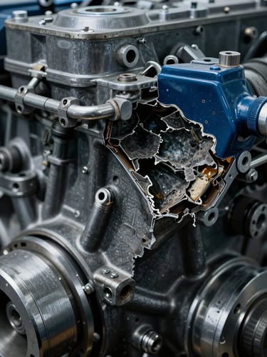 Macro shot of a damaged marine engine component, corroded metal and fractured composite materials, high-contrast industrial lighting, desaturated steel and deep blue tones, 35mm.
