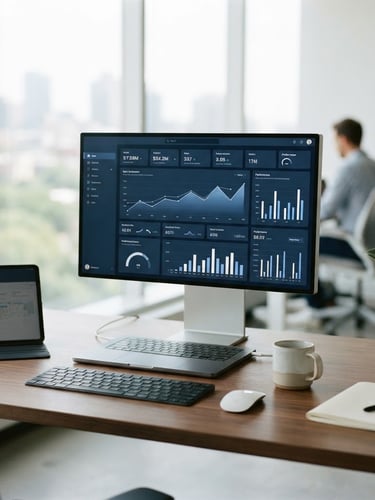 Modern, clean workspace with natural light, a high-end desk setup showing a clean data dashboard, subtle screens, 35mm, bright natural daylight, shallow depth of field