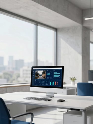 Bright modern office interior with architectural concrete lines, large windows letting in natural daylight, clean minimalist desk with a single monitor showing data charts, 35mm photography