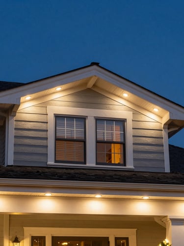 Elegant close-up of a well-maintained, illuminated roofline on a classic North Shore home at twilight, showing clean, custom-cut commercial-grade LEDs, sharp architectural details, 35mm.