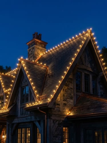Close-up of custom-cut commercial-grade LEDs tracing an elegant roofline at twilight, warm golden glow, deep blue sky, sharp architectural details, 35mm