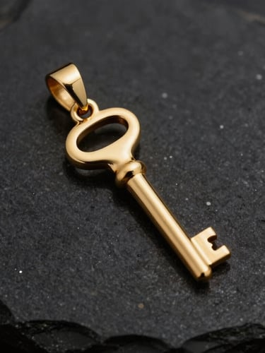 A single heavy gold pendant resting on dark polished obsidian stone, sharp directional key light highlighting the structural curves and deep shadows.