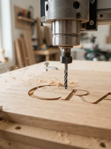 Close-up of a high-precision CNC router carving clean typography into light oak wood, soft natural side light, clean studio environment, sharp focus