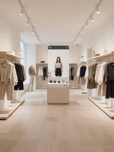 Wide angle interior of a beautifully lit boutique in Landskrona, showing a virtual tour interface overlay, clean Scandinavian design, soft daylight