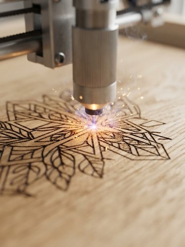 Macro extreme close-up of laser engraving machine carving a detailed pattern into light natural oak wood, warm glowing sparks, soft diffused daylight, clean Scandinavian style