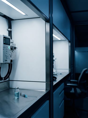 Minimalist editorial photography, cool dark blue studio lighting, sharp contrast, a close-up of a high-end sterile clinical space with clean architectural lines, 35mm