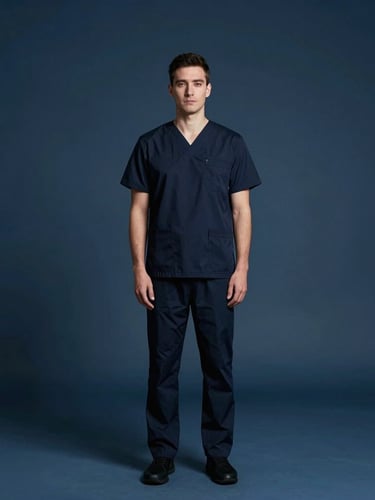 Professional portrait of a male clinical growth partner in sharp minimalist dark attire, cool dark blue studio lighting, clean shadows, high-end clinical aesthetic, 35mm