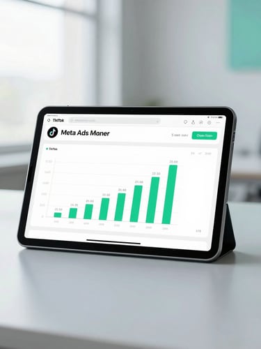 Clean tech photography, bright natural office light, tablet displaying TikTok and Meta Ads manager with green charts, sharp focus.