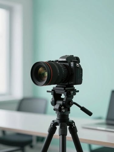 A professional camera setup in a bright studio, content creator workspace, minimalist layout, soft aqua green tones.
