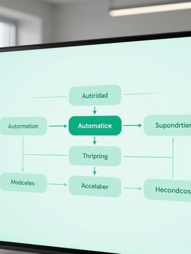 Minimalist diagram of automated workflow on a clean screen, soft aqua green light, high-tech aesthetic.