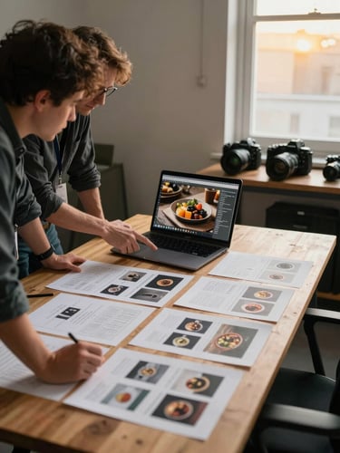 Wide shot from the left side of a small agency workspace — two people leaning over a wooden table covered in printed shot-lists and a laptop screen showing food photography, golden-hour window light falling across the table from the right, hands pointing at the screen, camera gear visible on a side shelf, honest and unposed