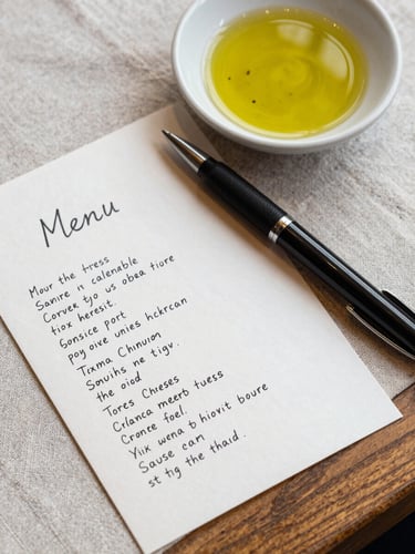 Overhead close-up study of a handwritten menu card on a linen tablecloth beside a small ceramic dish of olive oil, natural north-facing daylight from the left, pen resting diagonally across the card, no hands, wood grain of the table visible at the edge