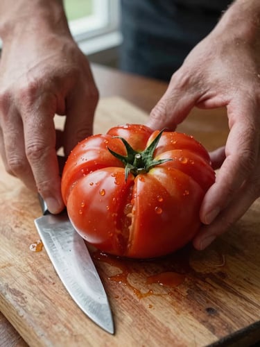 Extreme close-up, overhead — two hands cross-sectioning a large heirloom tomato on a worn wooden cutting board, north-facing daylight from a nearby window, deep crimson interior visible, knife resting beside it, no styling or garnish, texture of the board visible