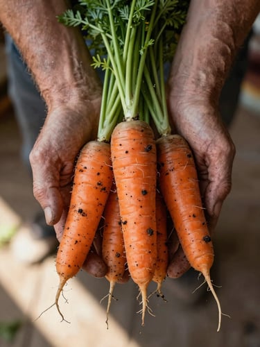 Extreme close-up of two weathered hands cradling a cluster of freshly pulled carrots, soil still clinging to the roots, shot from above at a slight angle in soft north-facing daylight filtering through an open barn door — warm natural light, no studio setup, the texture of the hands and the earth both fully visible