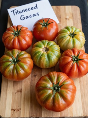 Extreme close-up overhead view of a vendor table at a food market — a wooden board holding three varieties of heirloom tomatoes arranged by color, a handwritten price card tucked at the corner, north-facing daylight falling flat and honest across the surface, no shadows from artificial lights