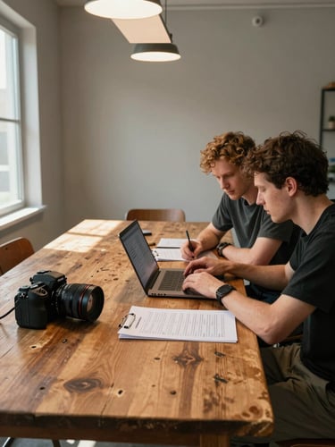 Wide environmental frame: two people at a worn oak table reviewing content on a laptop screen, camera gear resting beside a printed shot list — tungsten overhead light, late afternoon, no overhead studio setup, one window casting a long rectangle of light across the table surface