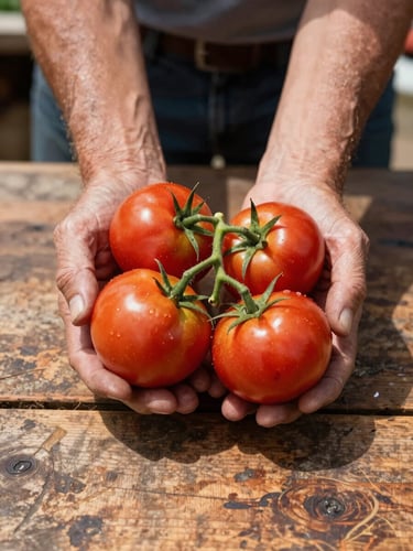 Close-up, slightly wide frame: two weathered hands cradling a cluster of ripe tomatoes just harvested, stems still attached, against a worn wooden market table — north-facing daylight, no fill flash, honest shadow in the vine creases