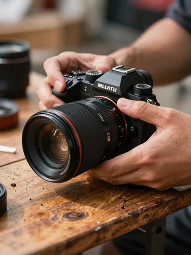 Extreme close-up, photographer's hands adjusting a lens on a mirrorless camera body rested on a worn wooden market table, soil faintly visible on the table edge, warm tungsten light from the left casting soft directional shadow, tight portrait framing with the background falling away naturally