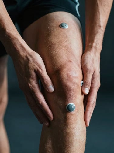 Close-up macro shot of a physical therapist's hands gently guiding a runner's knee joint, biomechanical sensors visible on the skin, dramatic directional lighting, sharp details, 35mm