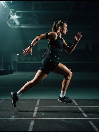 Athlete running on a track with motion capture sensors, dramatic directional lighting, deep shadows, high contrast, 35mm