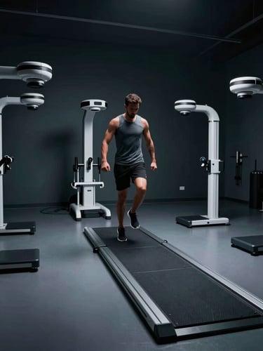 Wide shot of a high-tech physiotherapy lab, force plates on the floor, motion capture cameras mounted, athlete performing a movement, dramatic lighting, cool teal accents, 35mm