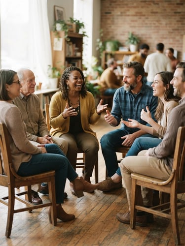 Warm natural light on a circle of educators sitting in wooden chairs, conversing with expressive hand gestures, soft focus background, 35mm photography style.