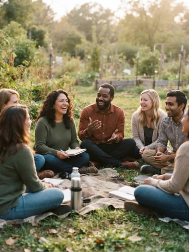 A warm, candid photograph of a diverse group of educators sitting in a circle outdoors, soft natural golden hour light, shallow depth of field, 35mm style