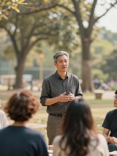 A tall portrait photograph of a facilitator guiding a small group of people in an outdoor clearing, tall trees softly blurred in the background, warm natural daylight