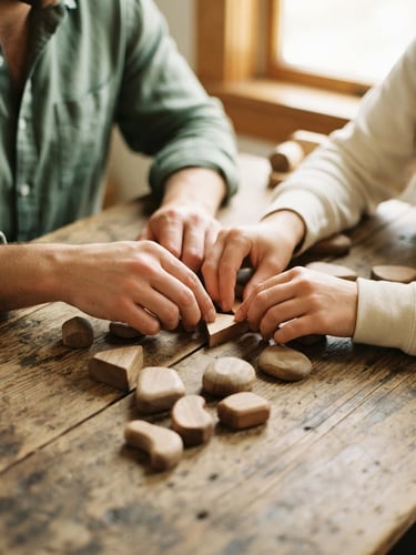 Candid close-up of hands collaborating on a rustic wooden table, arranging organic wooden shapes, warm natural daylight, soft focus, shallow depth of field, 35mm
