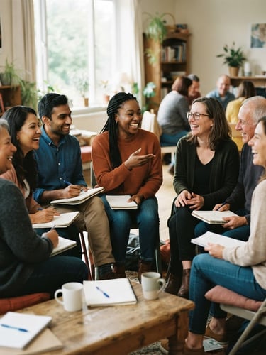 A warm, candid medium shot of a diverse group of adults sitting in a circle, laughing and collaborating during an interactive workshop, soft natural window light, earthy tones, 35mm photography.