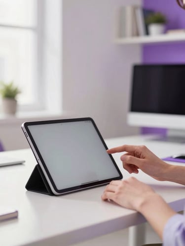 A creative entrepreneur in a bright home studio working on a tablet, modern workspace setting, soft purple highlights, natural daylight