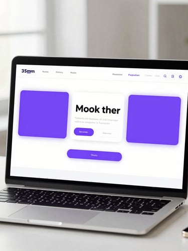 Clean minimalist mockup of an AI website builder interface on a laptop screen, vibrant purple accents, bright natural daylight, soft workspace setting, professional 35mm