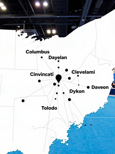 Stylized map of Ohio highlighting major cities like Columbus, Cleveland, Cincinnati, Dayton, Akron, Toledo, with subtle lines extending to neighboring states, bright and clean design, high-energy atmosphere.