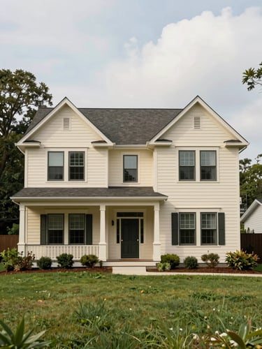 Wide environmental shot of a freshly painted two-story Atlanta craftsman home exterior, natural overcast daylight, warm cream paint against dark trim, full facade visible from the front lawn, no staging