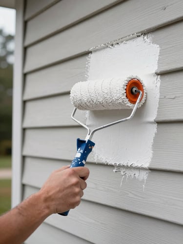 Close medium shot of a painter's roller pressing fresh warm-white paint onto wooden siding, overcast Atlanta daylight, paint edge sharp and clean, no face visible, just hands and the wall in context