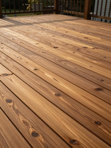 Medium shot of a freshly stained cedar deck on an Atlanta backyard, warm amber stain catching late afternoon overcast light, grain of the wood visible, no furniture or styling