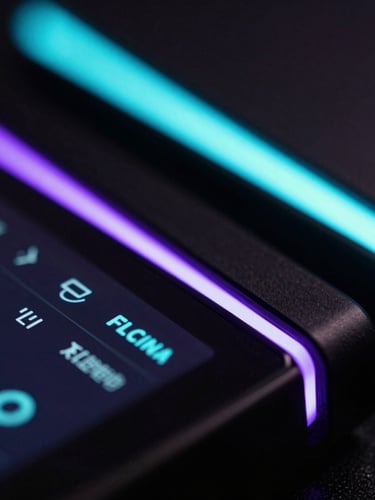 Macro close-up of sleek hardware with violet and cyan ambient glows, shallow depth of field, high contrast