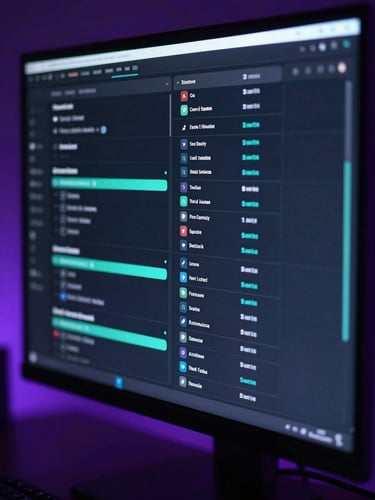Sleek dark-mode software interface glowing on a high-end monitor, neon-cyan ambient light, macro shallow depth of field