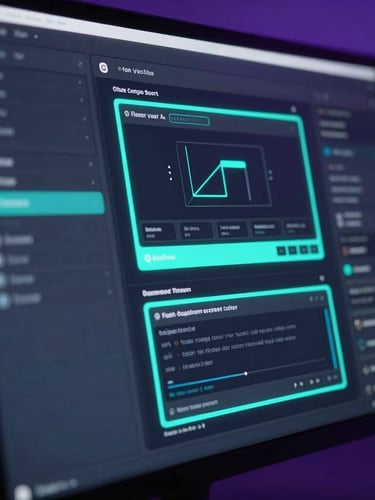 Macro photography of a sleek dark-mode software interface glowing on a high-end monitor, neon-cyan and violet ambient light refraction, shallow depth of field, premium tech aesthetic