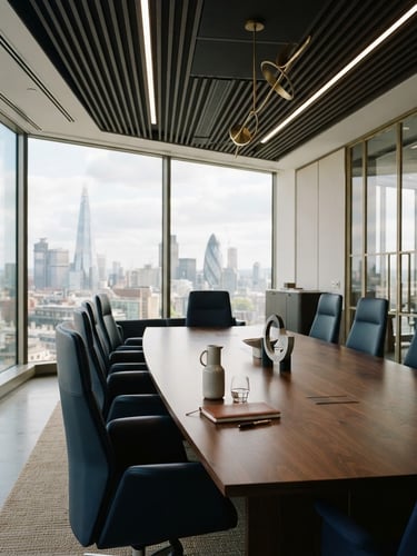 Elegant modern corporate office interior with architectural lines, soft natural daylight casting subtle warm highlights on a dark wood table, 35mm photography