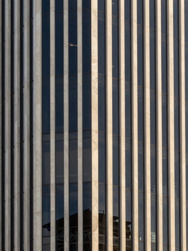 Elegant minimalist architectural detail of a modern corporate office building in São Paulo, soft daylight reflecting on glass and concrete, professional tone, 35mm