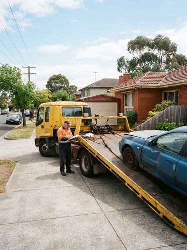 Authentic Cash4Cars tow truck picking up an old, slightly damaged car from a suburban Melbourne driveway in bright daylight, driver handling paperwork, wide environmental shot, low horizon