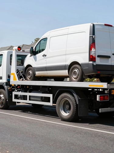 Heavy-duty tow truck on a suburban Melbourne street, bright daylight, authentic setting, with a large commercial van on its flatbed