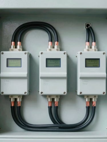 Close-up portrait shot of a commercial three-phase distribution board, neatly organized conduits and thick copper cables, bright crisp work light, technical precision.