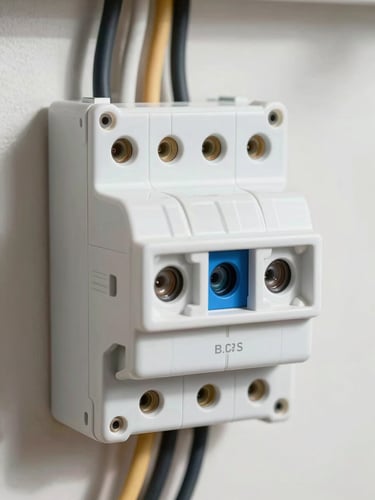 Close-up macro shot of a clean, newly installed consumer unit with neatly routed wiring, bright natural daylight, sharp focus on technical details.