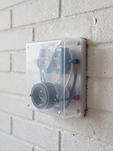 Close-up portrait shot of a newly fitted residential consumer unit on a clean brick wall, neat wiring runs visible through a transparent protective cover.