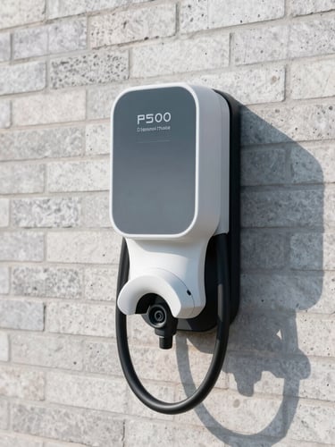A clean EV charger mounted on a modern brick wall, crisp high-contrast daylight, sharp technical detail, realistic cool-toned color grading