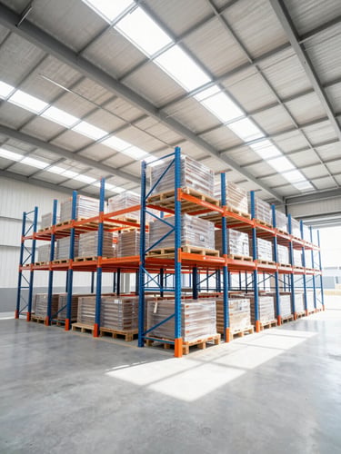 Bright commercial photography of a clean modern warehouse interior, high-bay storage racks, natural daylight streaming through high windows, 24mm wide-angle.